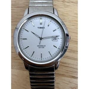 Timex Indiglo WR30M Mens Watch Silver Tone Date Quartz CR2016 Stretch Band
